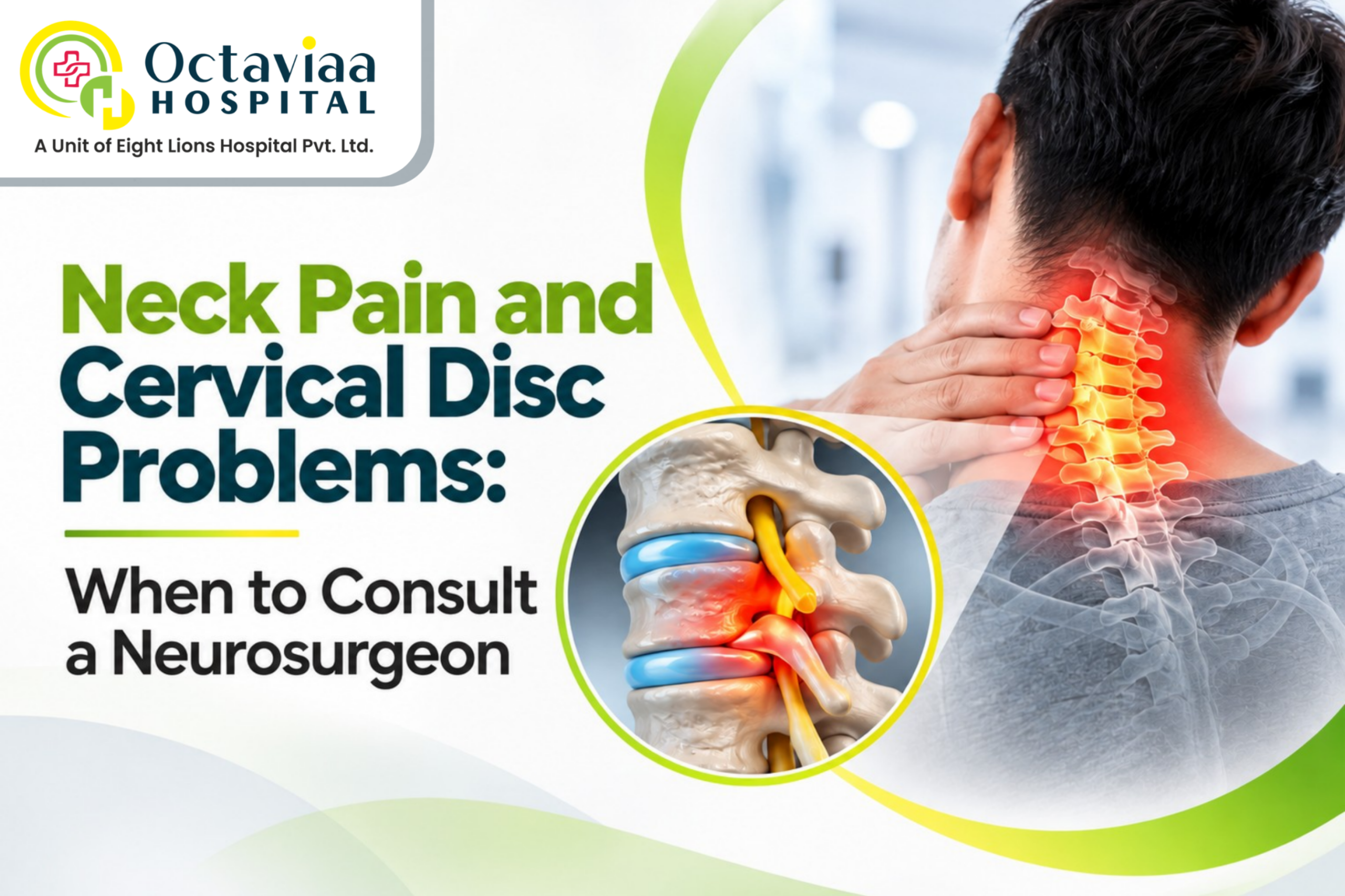 Octaviaa Hospital poster about neck pain and cervical disc problems, highlighting when to consult a neurosurgeon.